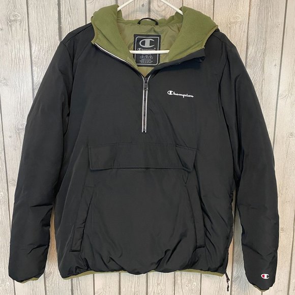 Champion Mens Black Packable Quarter Zip Hooded Jacket Tech Filled, Pocket, S - Picture 2 of 9